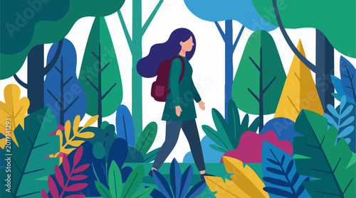 Woman Hiking in Vibrant Flat Design Forest Illustration