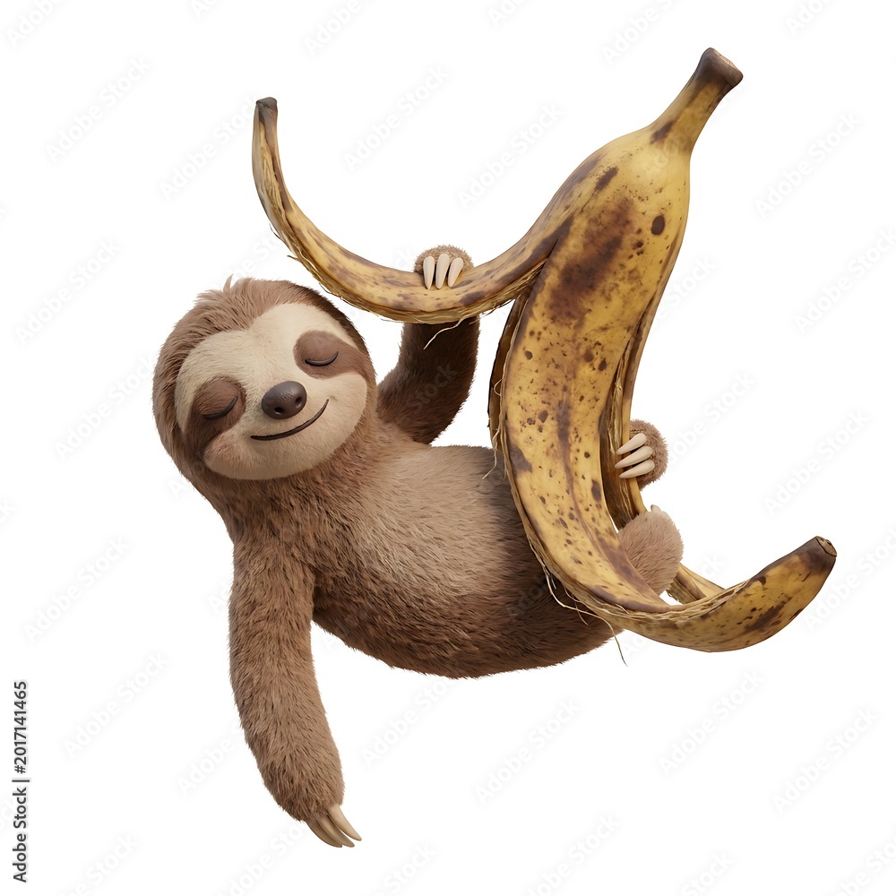 Fototapeta premium Brown sloth hanging from branch with banana peel brown fur