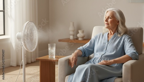 Elderly woman sitting near a fan at home during a hot summer day for a heatwave survival concept with a glass of ice water for cooling and hydration in a bright living room