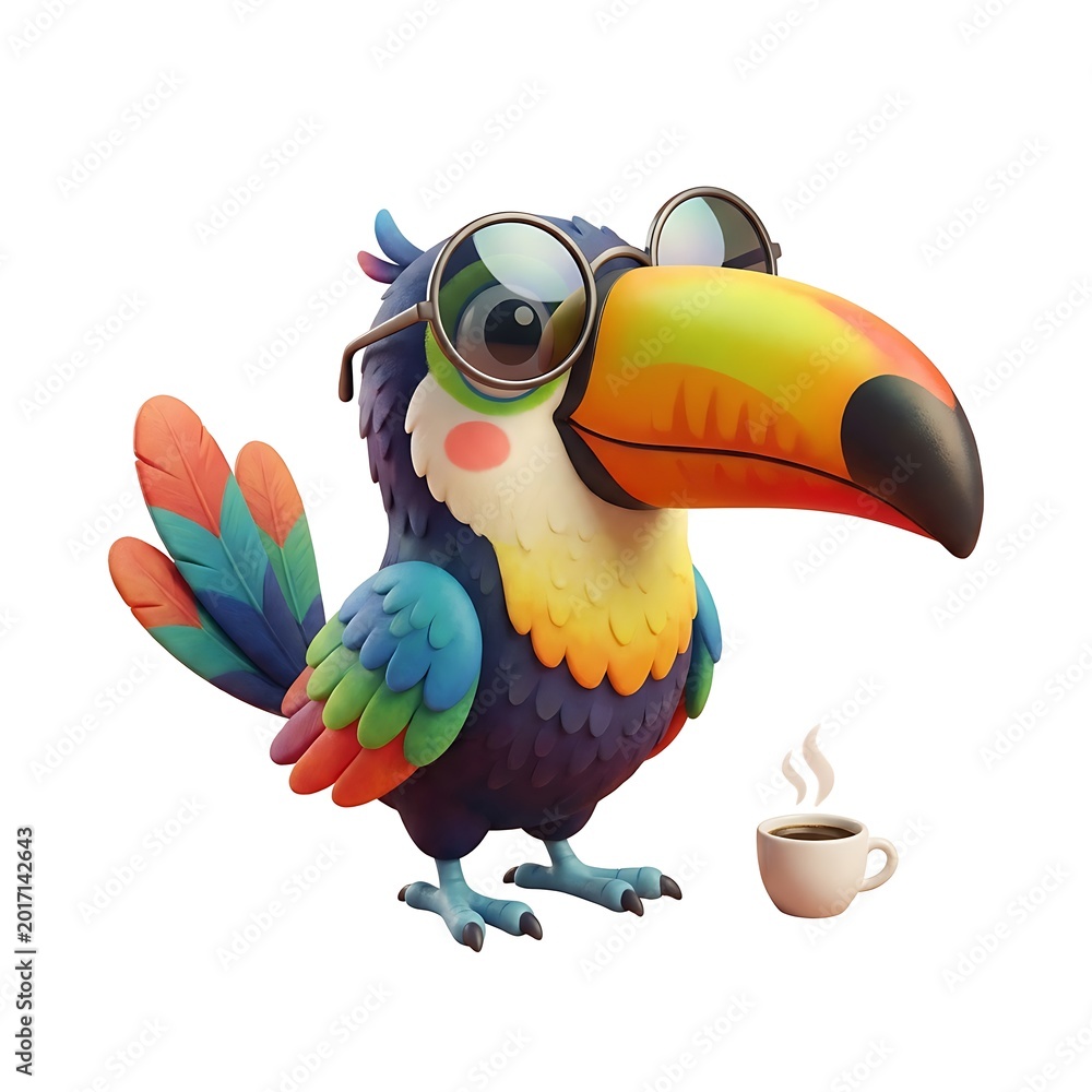 Fototapeta premium Vibrant toucan wearing sunglasses holding coffee cup bird cartoon