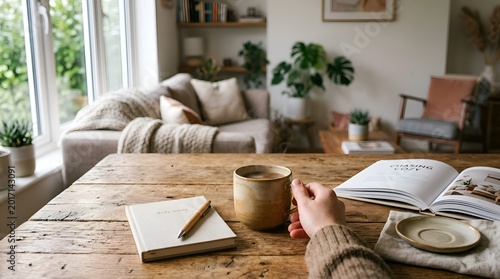 Cozy living room interior with coffee and journal on wooden table