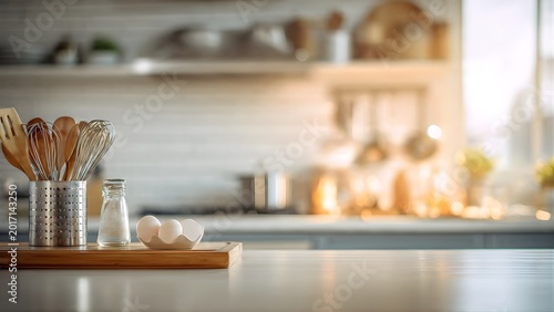 Bright Kitchen Countertop with Utensils and Eggs Ready for Cooking.