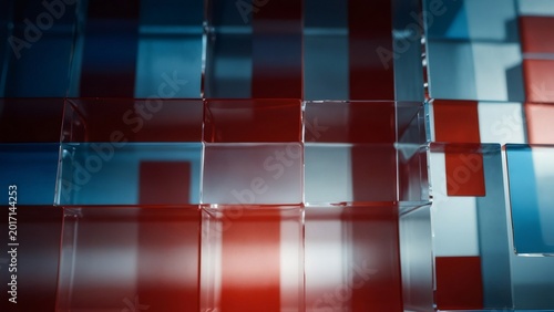 Abstract glass blocks forming red and blue geometric pattern