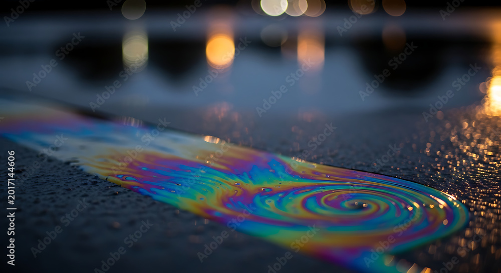 Fototapeta premium Abstract Oil Spill on Wet Asphalt with Rainbow Sheen and City Lights Reflection