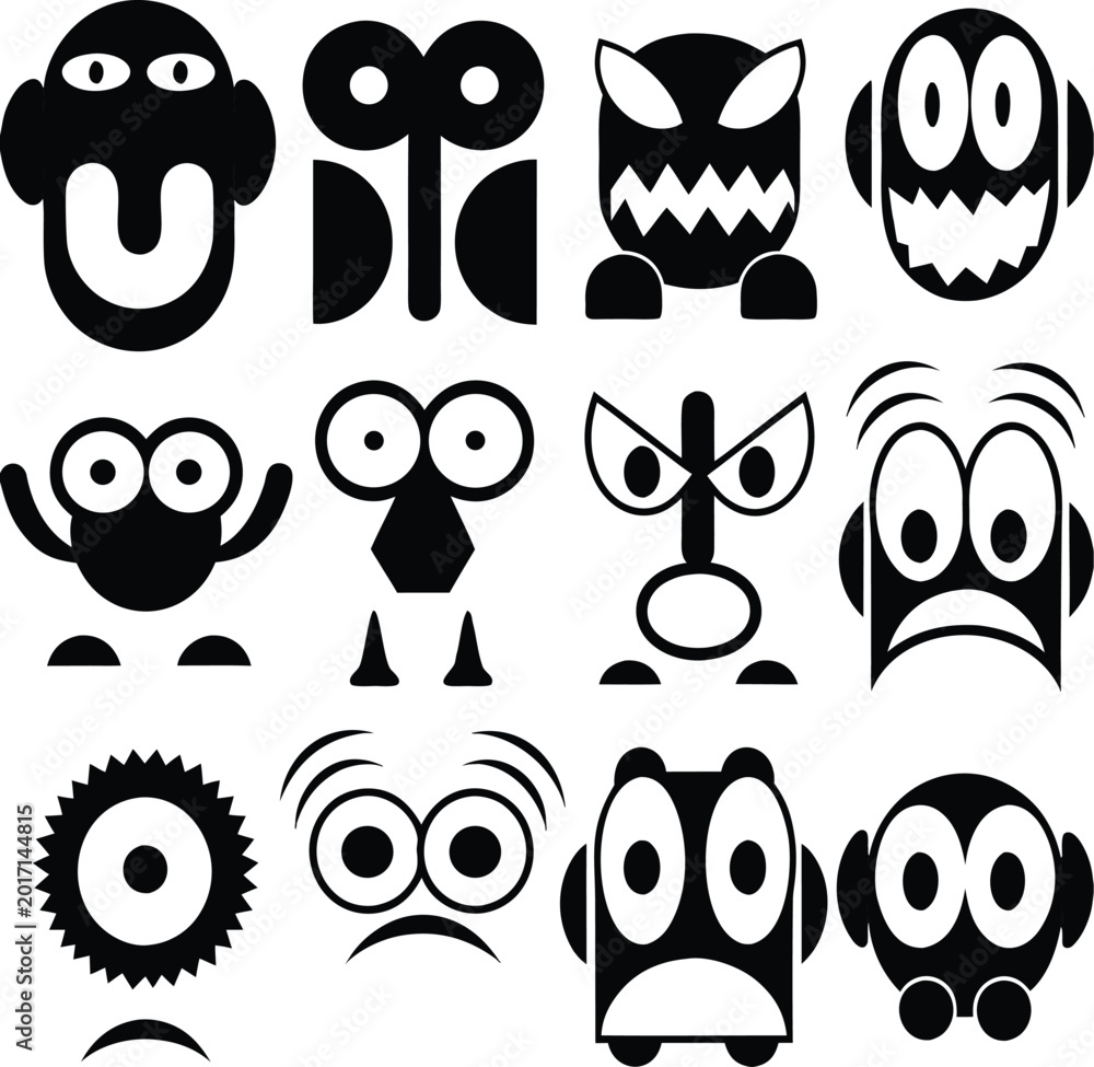 Fototapeta premium Funny cartoon faces, emoticon set, black icons, vector illustrations, facial expressions