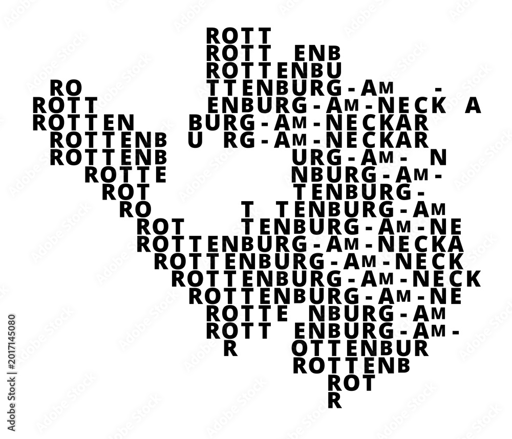 Fototapeta premium Typographic Map of the city Rottenburg am Neckar (Germany) with a pattern of capital letters that only show the name of the city