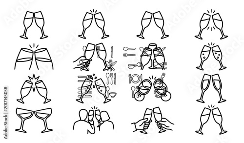 Bild auf Leinwand Cheers and Clinking Glasses Icon Set Vector Illustration with Wine, Champagne, C
