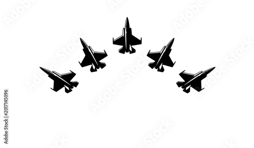 Foto Fighter Jet Vector Silhouette Illustration in Angled Formation for Military, Avi