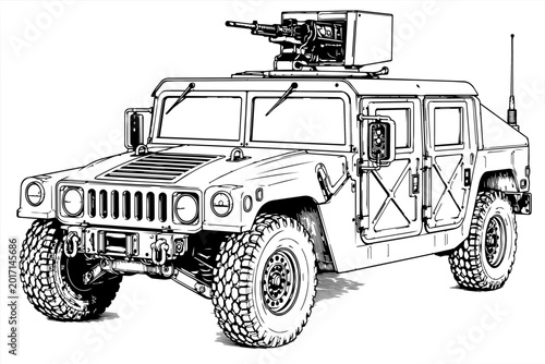 M1151 Humvee Armament Carrier with Remote Weapon Station Technical Line Art Vector Illustration, HMMWV Armored Car Blueprint Drawing
