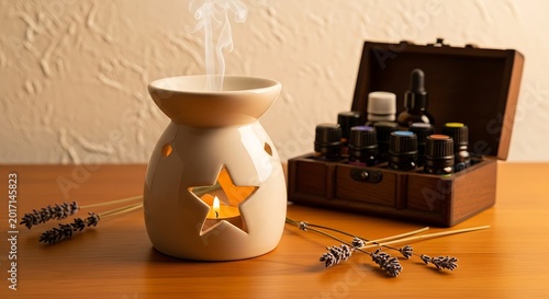 Glowing Ceramic Aromatherapy Diffuser with Essential Oil Bottles on Wooden Table