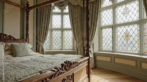 Airy victorian bedroom with carved wooden four poster bed, leaded glass windows, pale quilt, sage wall panels, patterned curtains, and spacious heritage manor daylight serenity by tall casements