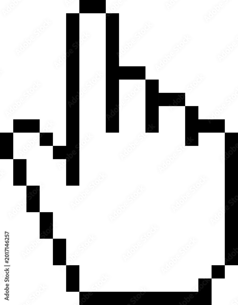 Fototapeta premium Pixelated black and white computer cursor showing a hand pointing upwards, symbolizing interaction