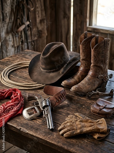 Vintage Cowboy Hat Boots and Revolver Arranged on Rustic Wooden Table