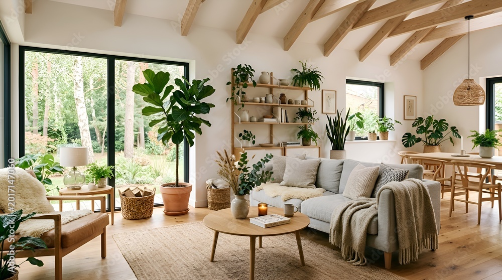 Fototapeta premium Cozy living room interior with plants, sofa, and natural light