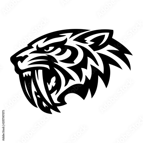 Logotipo con dibujo minimalista con líneas estilo tribal de la cabeza de un tigre dientes de sable, con la boca abierta enseñando los colmillos, visto de perfil 