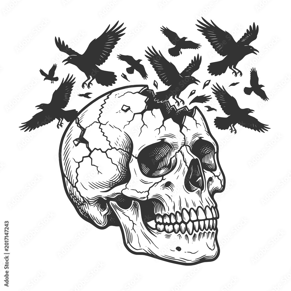 Fototapeta premium cracked human skull with dark crows flying above in a gothic horror style sketch engraving generative ai fictional character raster illustration. Scratch board imitation. Black and white image.