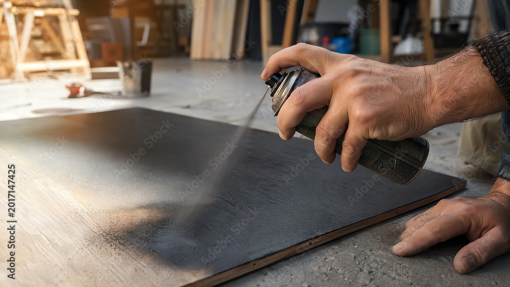 Obraz premium Hands shaking spraying matte black spray paint onto flat wooden panel workshop floor DIY close-up editorial