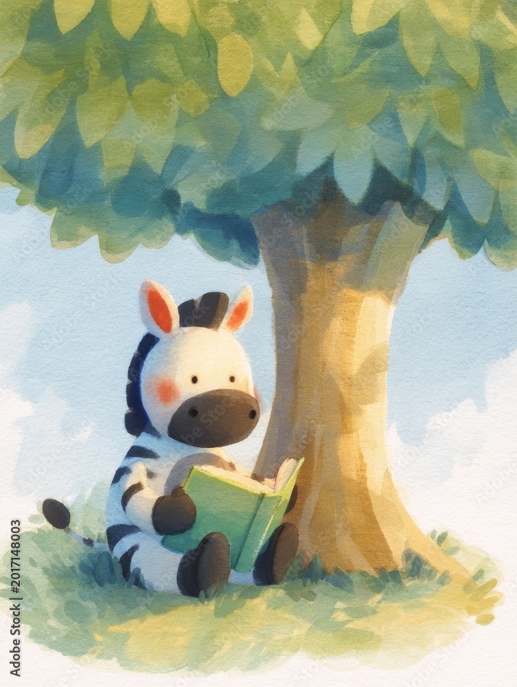 Naklejka premium Playful Zebra Reading Under a Tree
