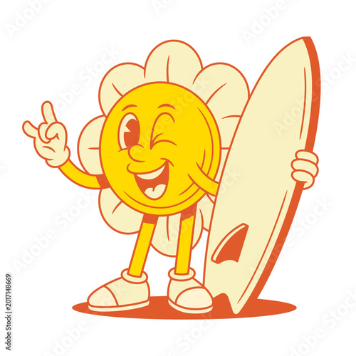 Canvas Print Cool flower chamomile cartoon character with surfboard contoured vector flat illustration