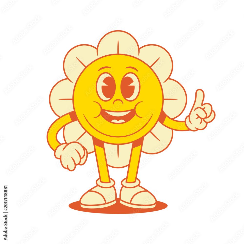 Fototapeta premium Comic yellow flower chamomile cartoon character idea attention contoured vector flat illustration. Smiling cute summer floral blossom mascot innovation forefinger gesture focus information