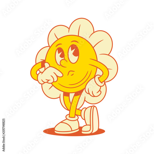 Pensive comic yellow flower chamomile cartoon character contoured vector flat illustration. Thoughtful summer cute floral blossom plant mascot thinking making decision solving brainstorming
