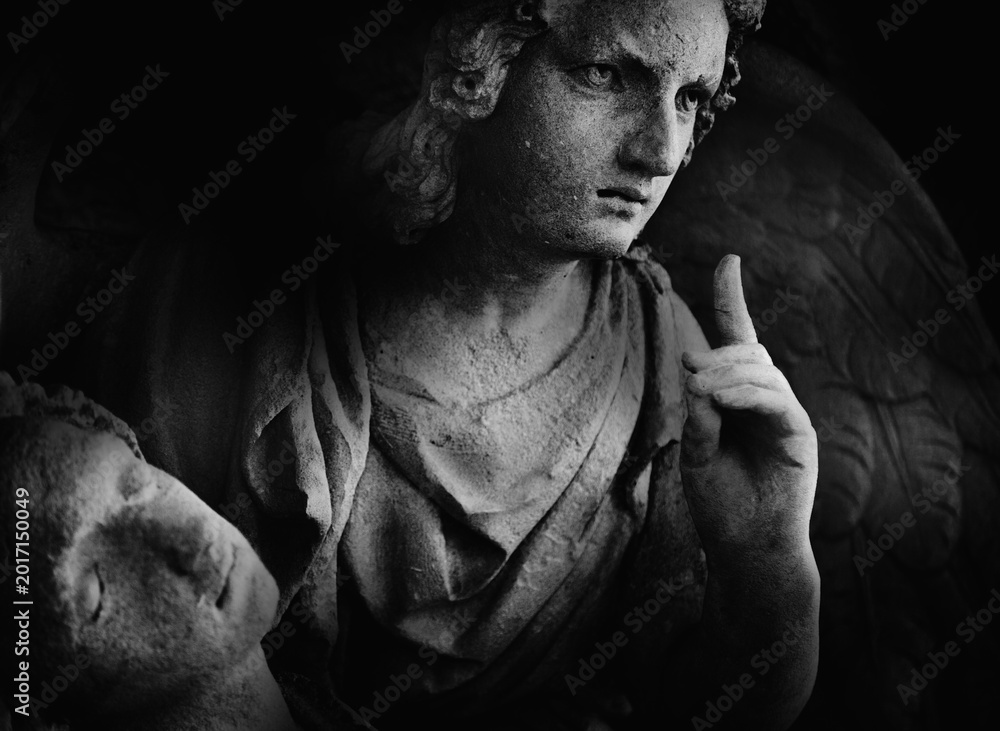 Fototapeta premium Angel of death holding lifeless human body in dramatic monochrome style