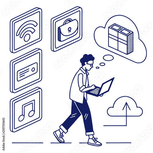 Cloud Computing Concept Illustration – Man Working on Laptop with Data Storage and Multimedia Icons