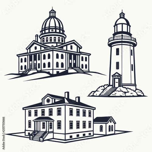 Vintage Architecture Illustration Set – Retro Line Art of Government Building, Lighthouse, and Historic Manor