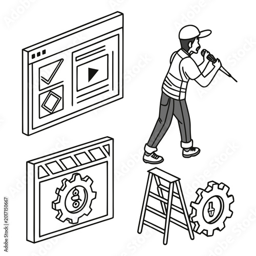 Isometric Website Maintenance Illustration – Technician Repairing Web Interface with Gear and Tools