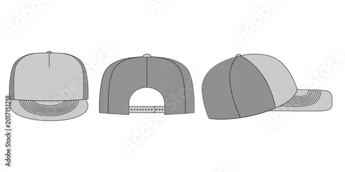 Foto Trucker hat snapback mesh cap blank vector mockup template front back side views