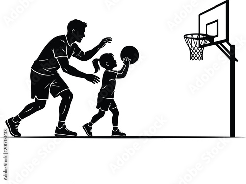 Foto Adult teaching child basketball fundamentals