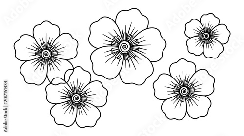 Flower line art doodles with black outlines and center rays, botanical sketch for stickers, wallpapers, and design templates