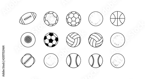 Balls sports set with various designs and patterns including soccer, volleyball, baseball, and more featuring football, basketball, design with black