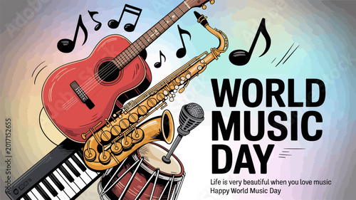Melody of World Music Day: A vibrant illustration for world music day showcases a fusion of musical instruments, with the harmonious blend of diverse musical styles and global unity.