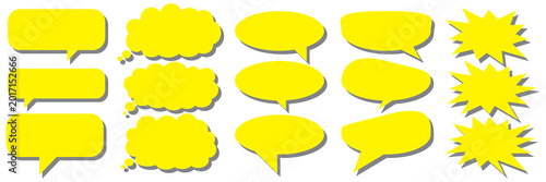 A set of chat box designs for comments on social media or comics in yellow on a white background. Vector designs of speech bubbles, text boxes, and conversational chat columns in comics.