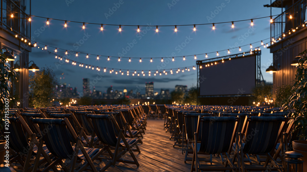 Naklejka premium Rooftop cinema at dusk with twinkling lights and city view