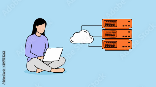 Foto Woman using laptop, accessing cloud computing and data servers
