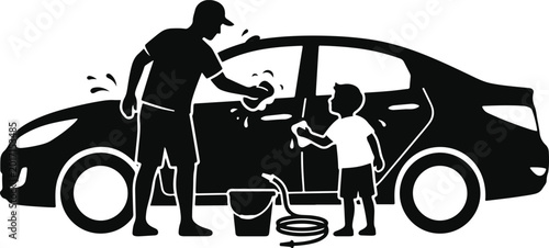 Fotografija Man and child washing car with bucket