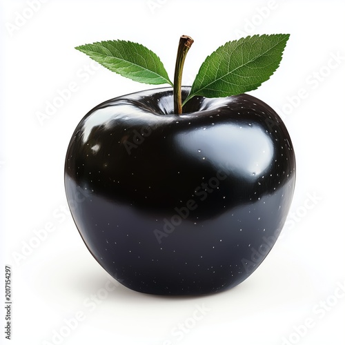 High-quality glossy black apple with green leaves on white background for food and fruit concepts