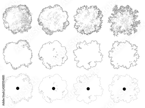 Vector set of trees in plan view for use in architectural drawings