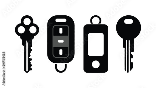 Four black silhouettes of different keys on white background
