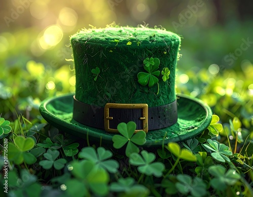 Green Leprechaun Hat Resting on a Bed of Shamrocks