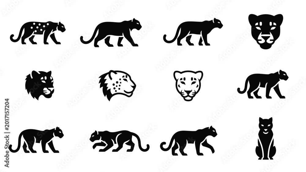 Obraz premium Set of black panther and leopard silhouettes for logo design.