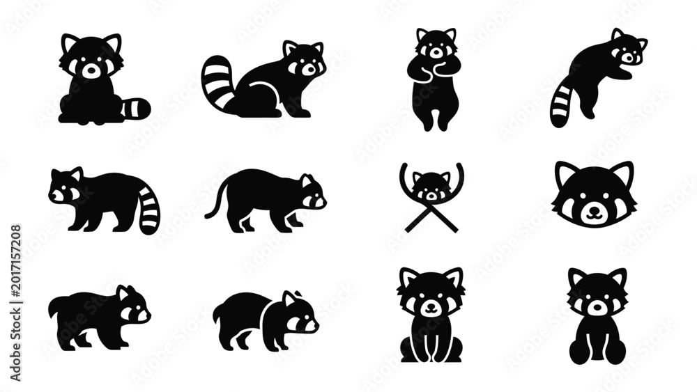 Obraz premium Diverse red panda silhouette icon set in minimalist black style.