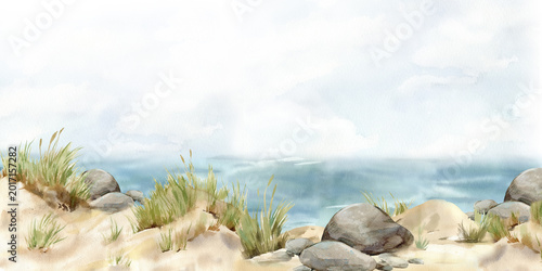 A sandy seaside with reeds and rocks. Hand drawn watercolor horizontal landscape. 