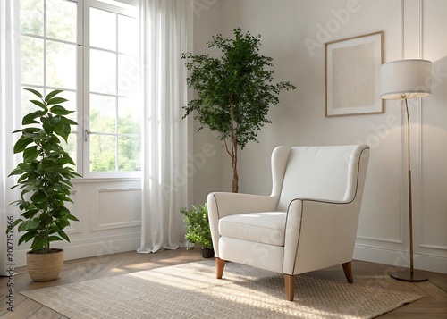Minimal Living Room Corner with White Armchair Indoor Green Plant and Soft Natural Window Light Modern Cozy Interior Design