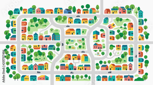 Colorful illustration of a suburban neighborhood with houses streets and trees vector style