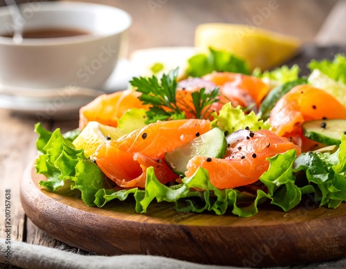 Fresh Smoked Salmon Salad Served on Wooden Board with Gourmet Presentation and Healthy Food Concept