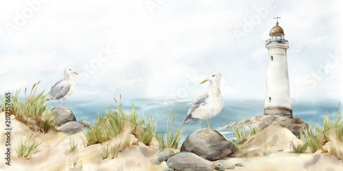 Bild auf Leinwand Seagulls on a rock, sea, and lighthouse