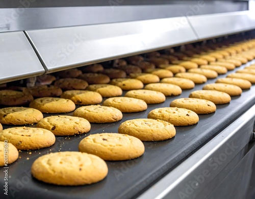 Freshly Baked Cookies Moving on Conveyor Belt in Industrial Bakery Production Line with Automated Food Processing Concept